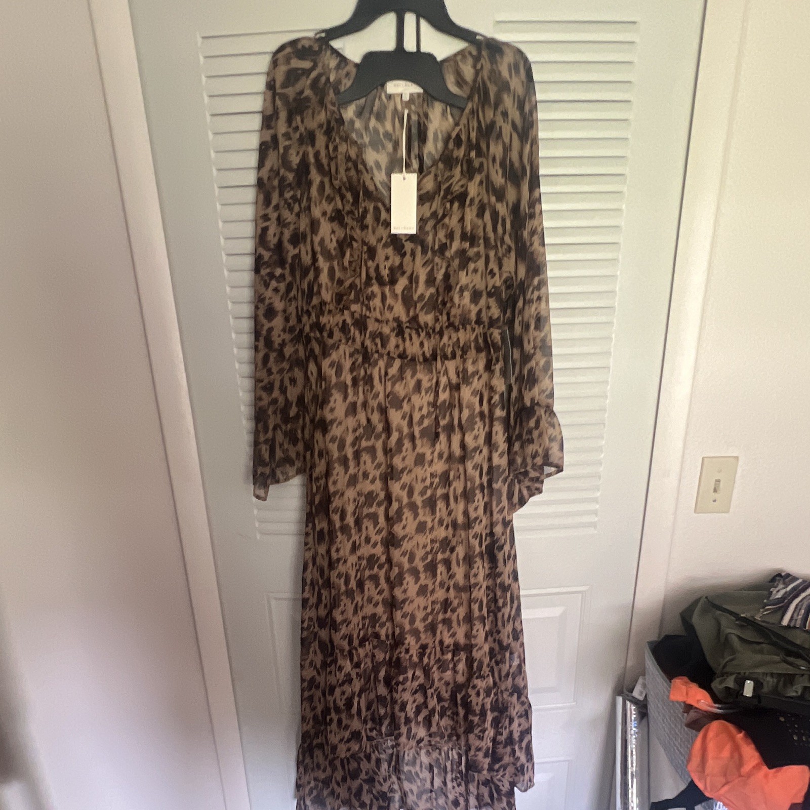 Melloday Brown/Black Leopard Animal Print V-Neck Sheer Ruffle Maxi Dress S
