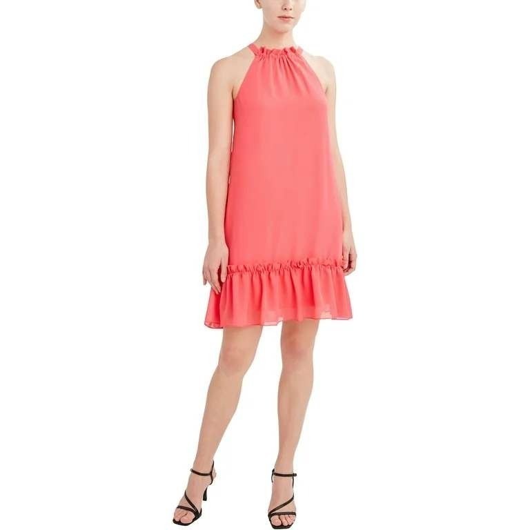 BCBG Paris Dress Women M Coral Pink Halter Ruffle Neck Chiffon Shift Tie Back