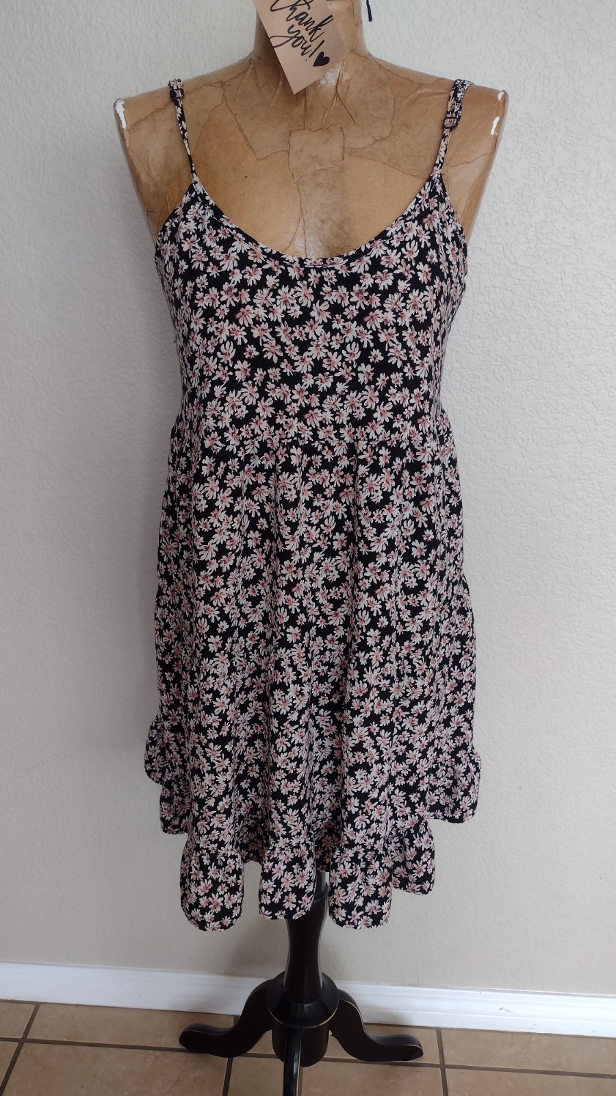 Black Floral baby doll boho Sundress L/G Scoop Neck Adjustable Straps Knee