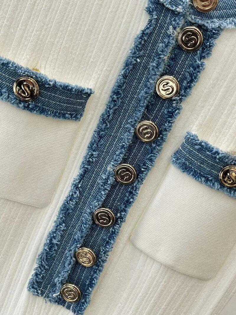 NEW Sandro Denim patchwork knit Short sleeve long dress Women’s