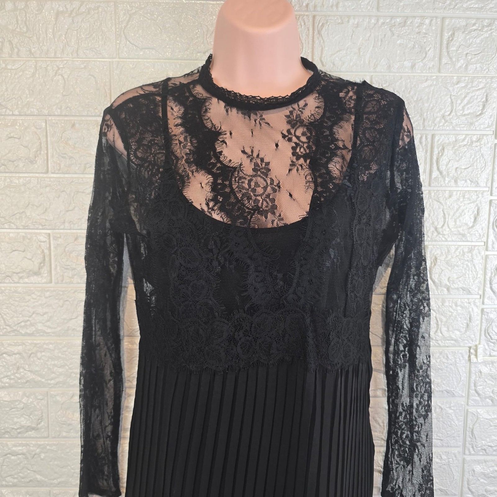 Zara Black Lace Pleated Mini Dress Sheer Long Sleeve Gothic Party Evening Size M