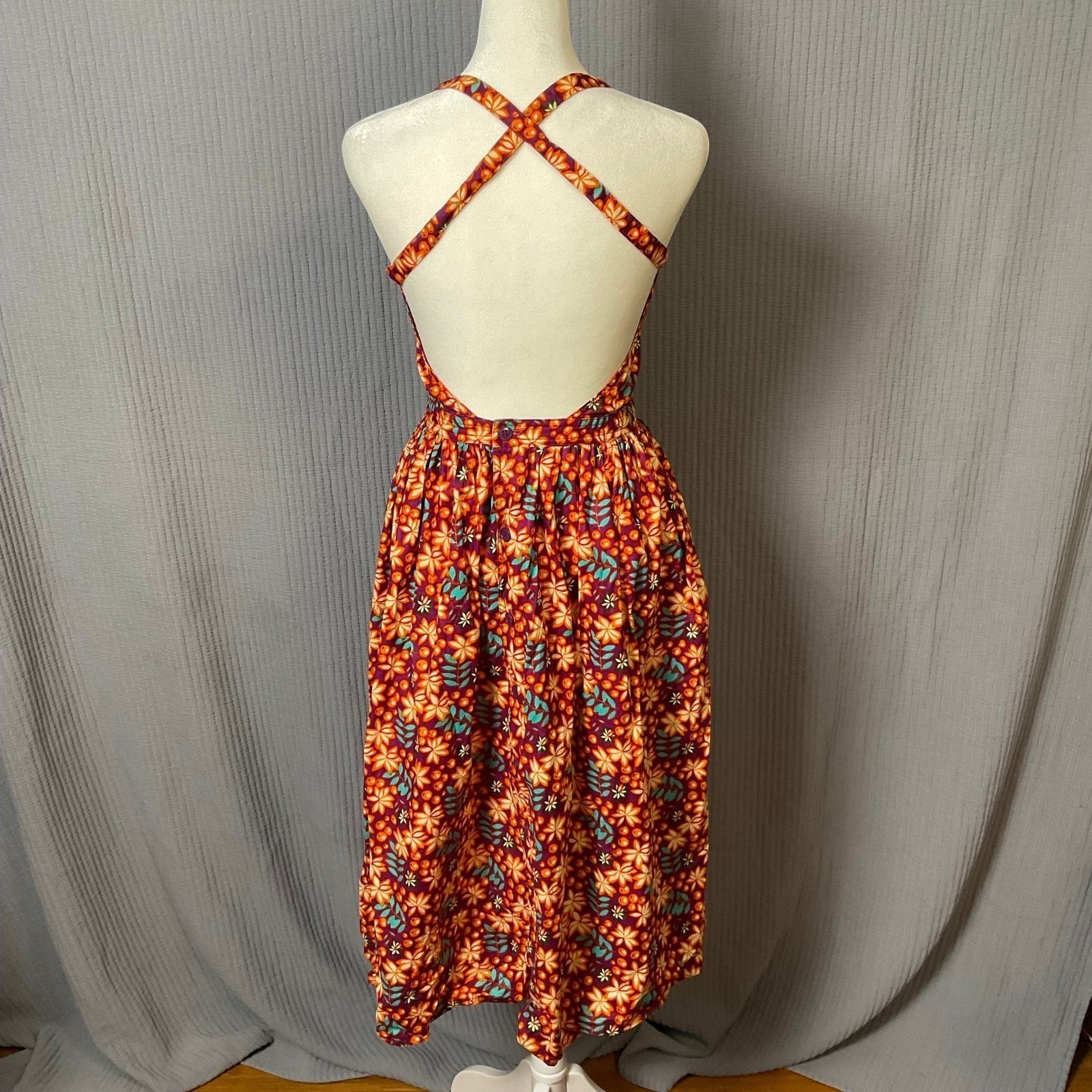 Retro Floral Halter Midi Dress Open Back Button Front Orange Purple Boho Summer