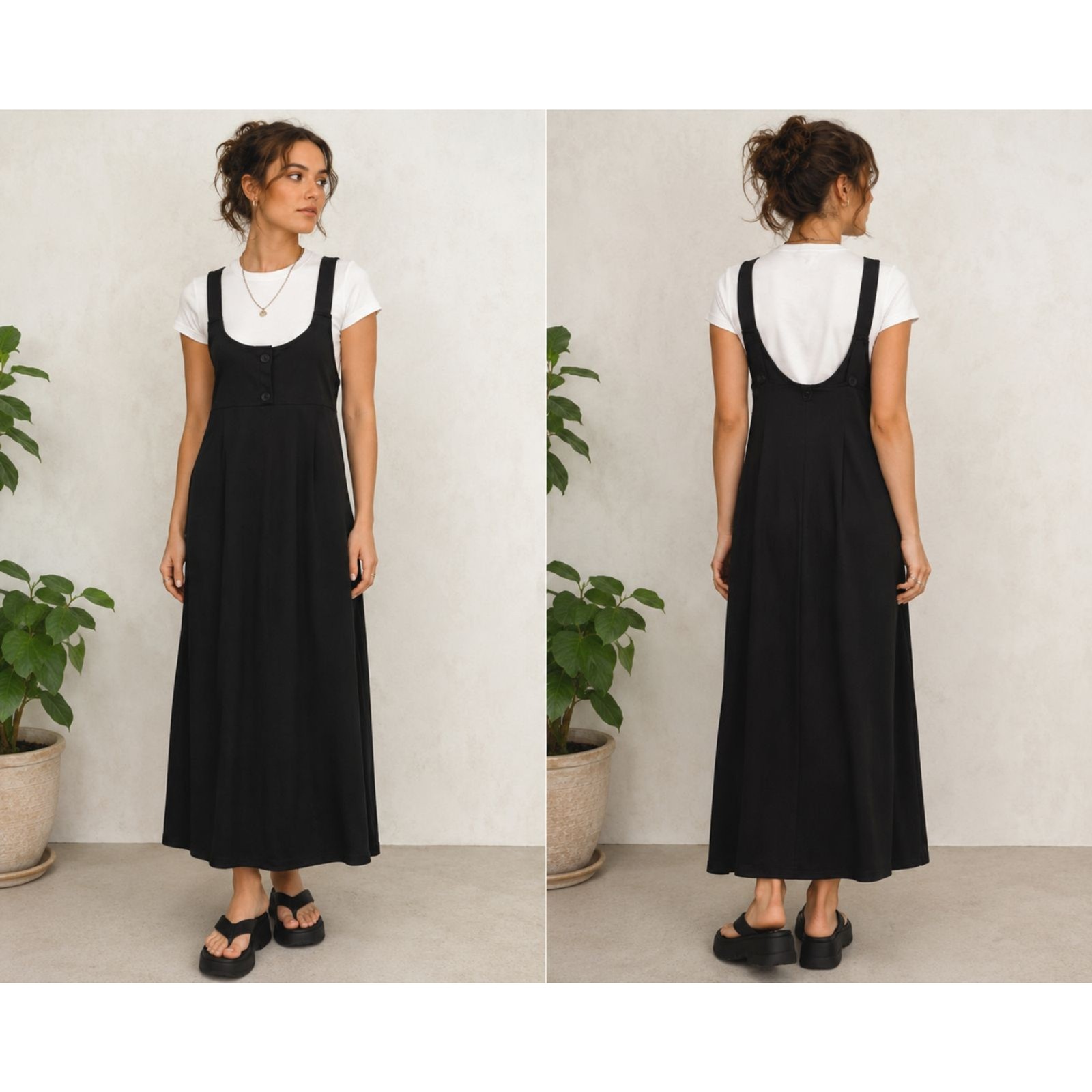 SHEIN Black Ribbed Knit Pinafore Dress Adjustable Button Strap Jumper L