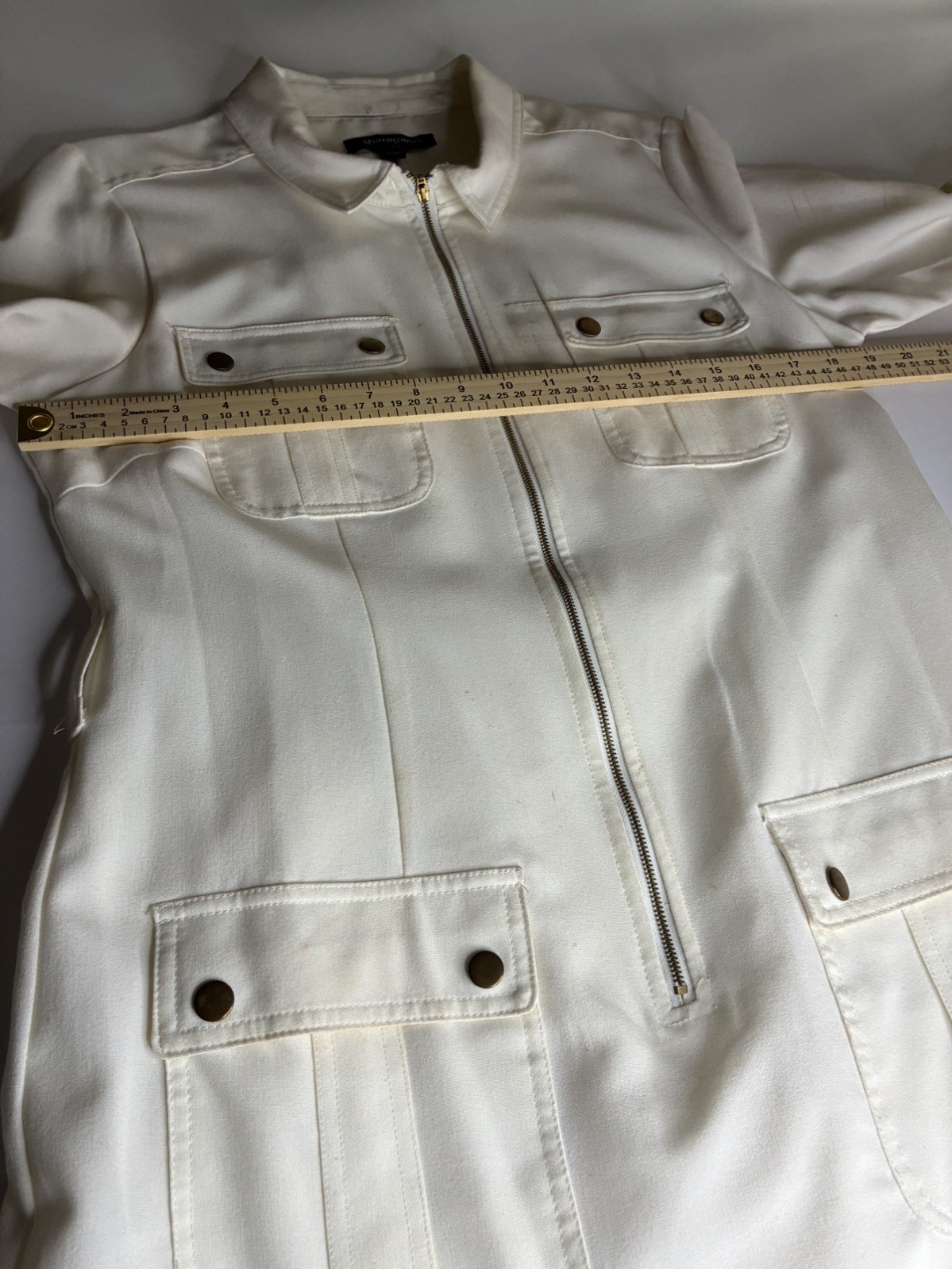 Sharagano Women’s Ivory Front Zip Shirt Dress Pockets Size 12