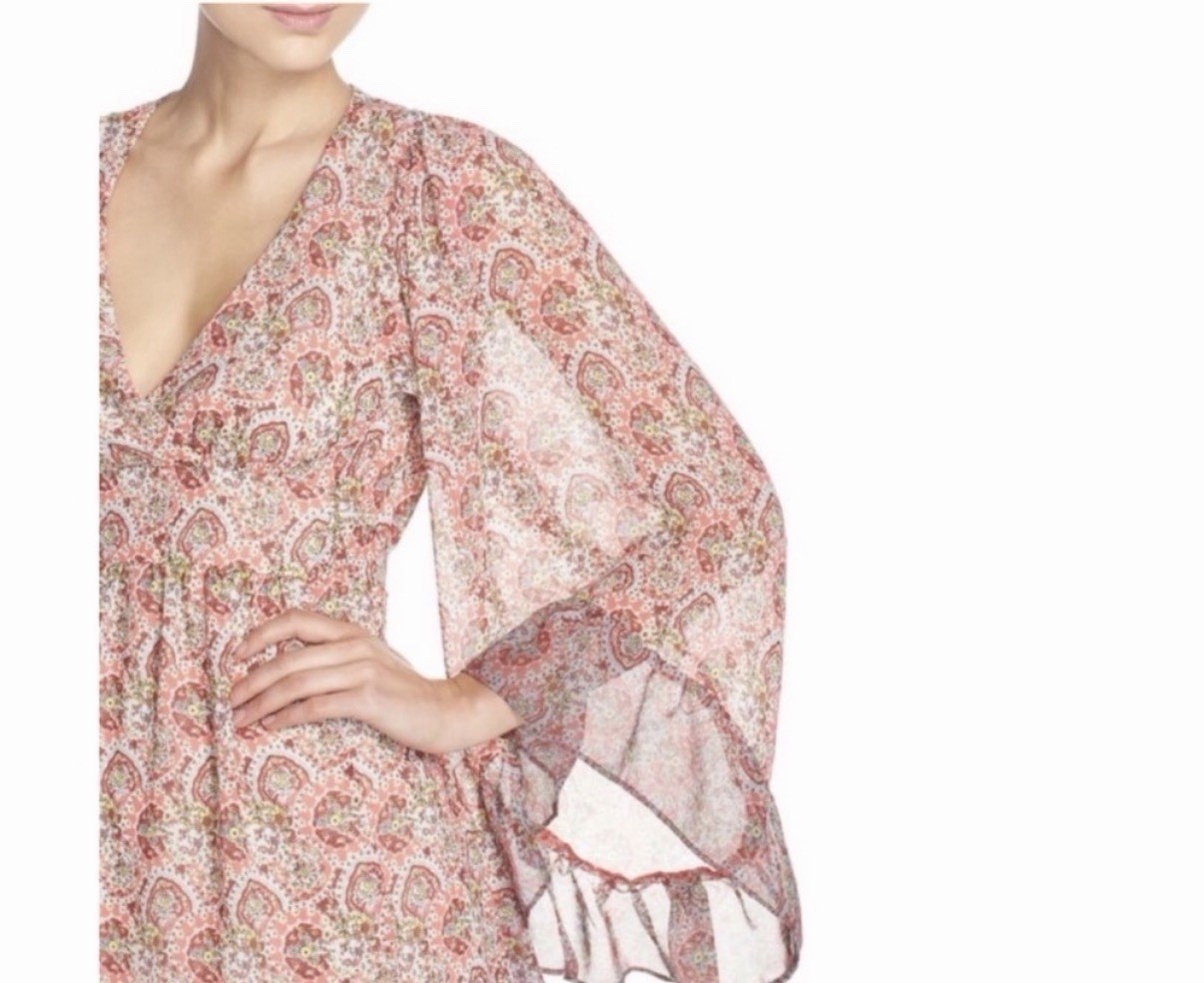 Betsey Johnson Pink Paisley V-Neck Bell Sleeve Empire Waist Mini Dress S