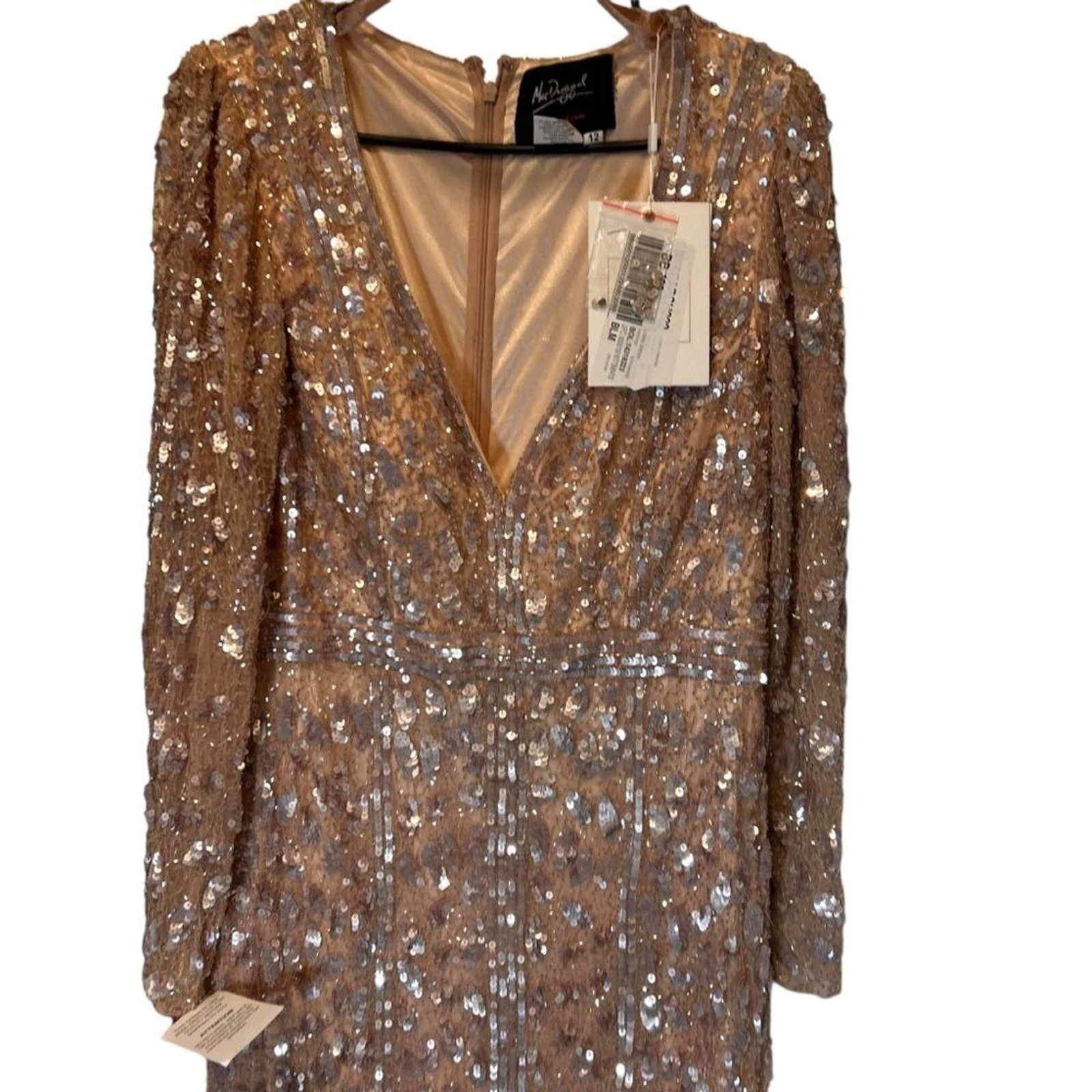 Mac Duggal Embellished Front Slit Long Sleeve Dress Rose Gold Gown Size 12