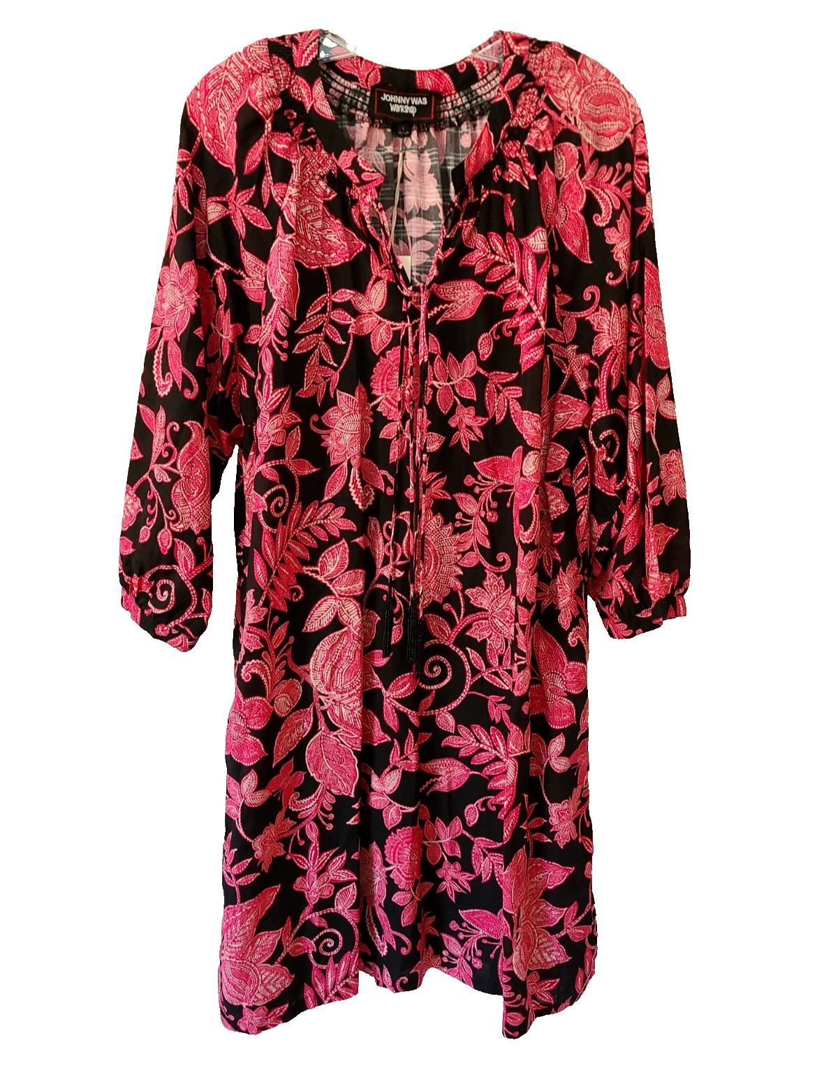 $248 JOHNNY WAS SZ L ALYCIA BEADED TASSEL DRESS LEAF PRINT w/ SLIP B:43″ L:39″