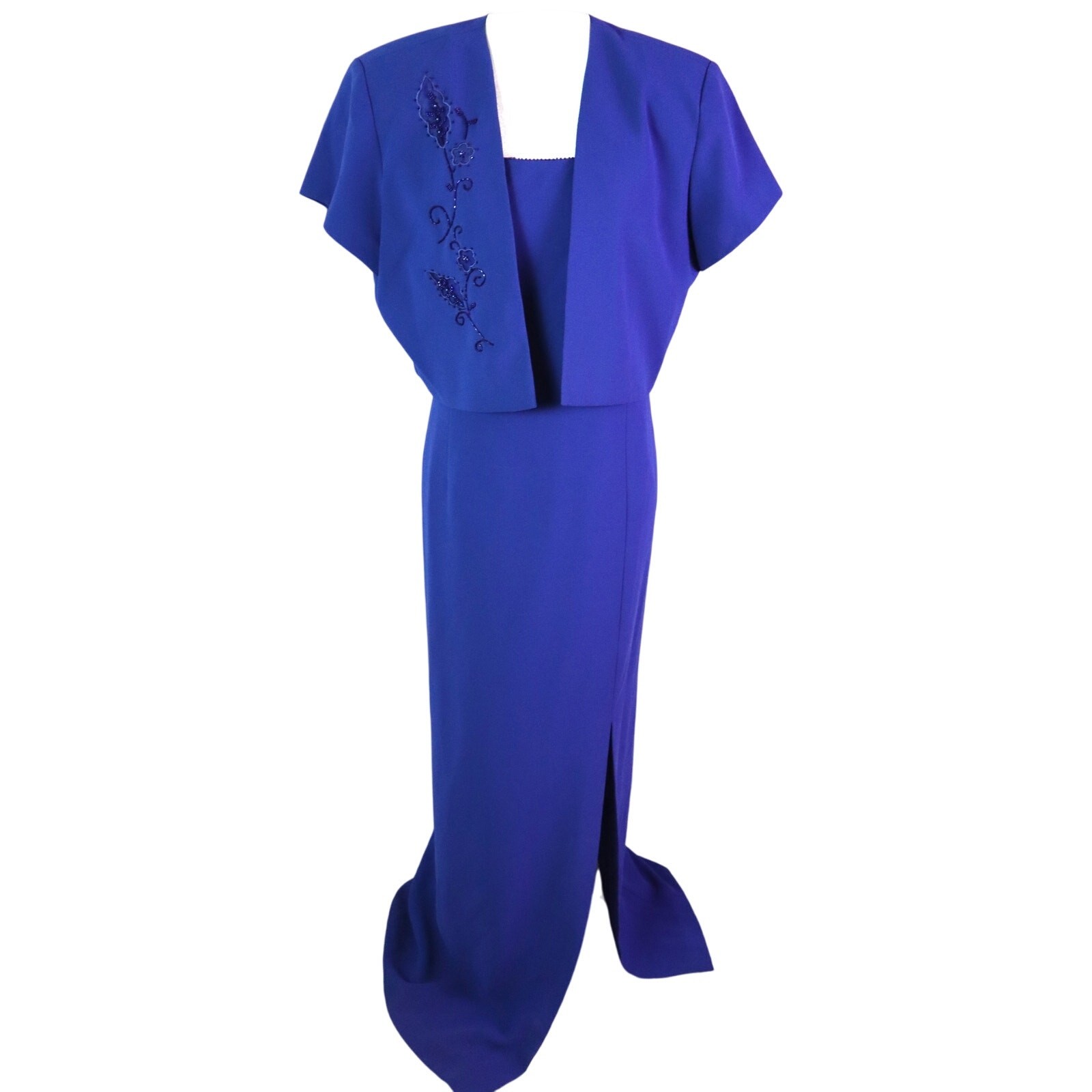 Vintage 90s JR Nites Royal Blue Dress Cropped Jacket Bolero 8 Formal Beaded Long