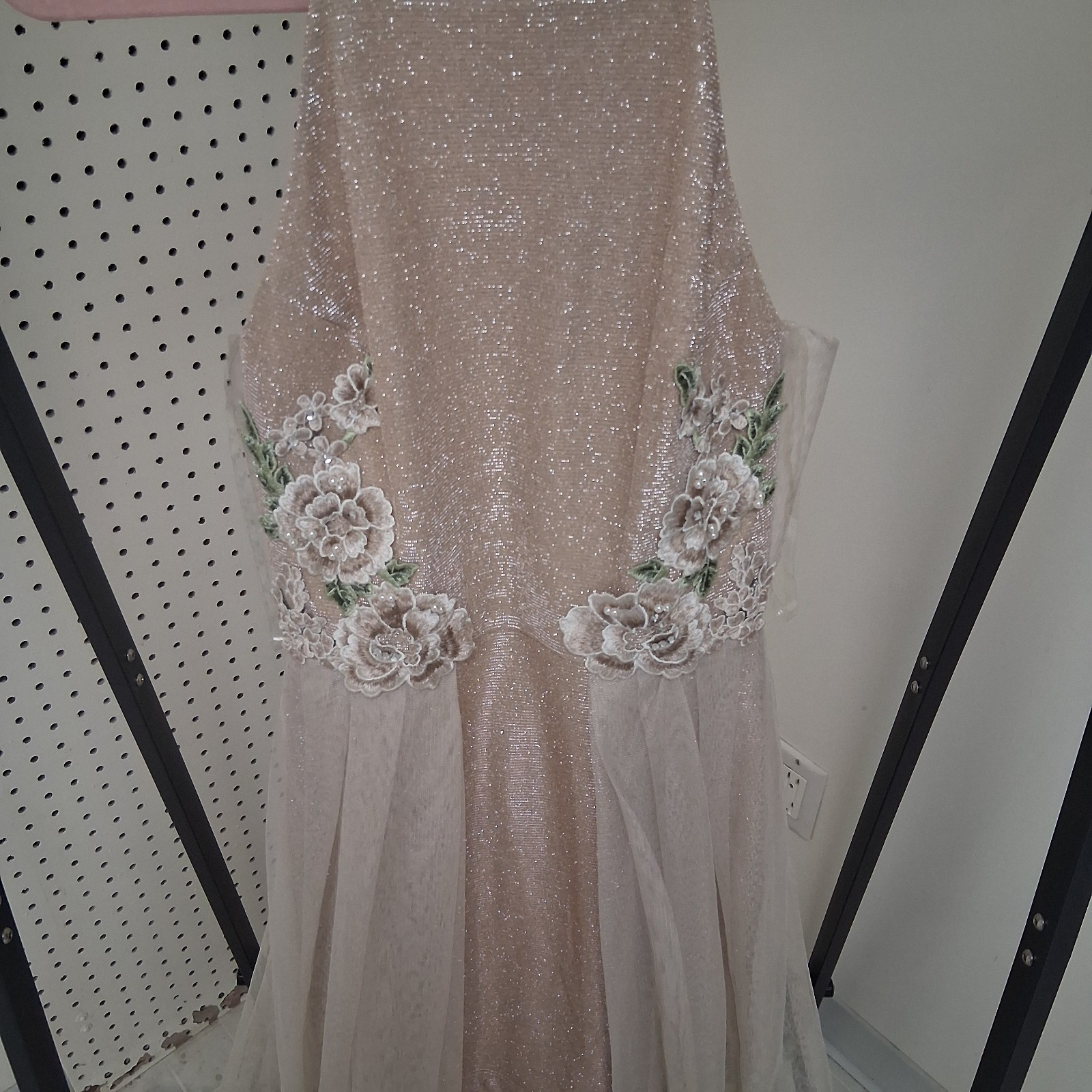 Bridesmaid Gown Sz 5/6 Nude Champagne Floral Tulle Prom Formal Dress Sheer Mesh
