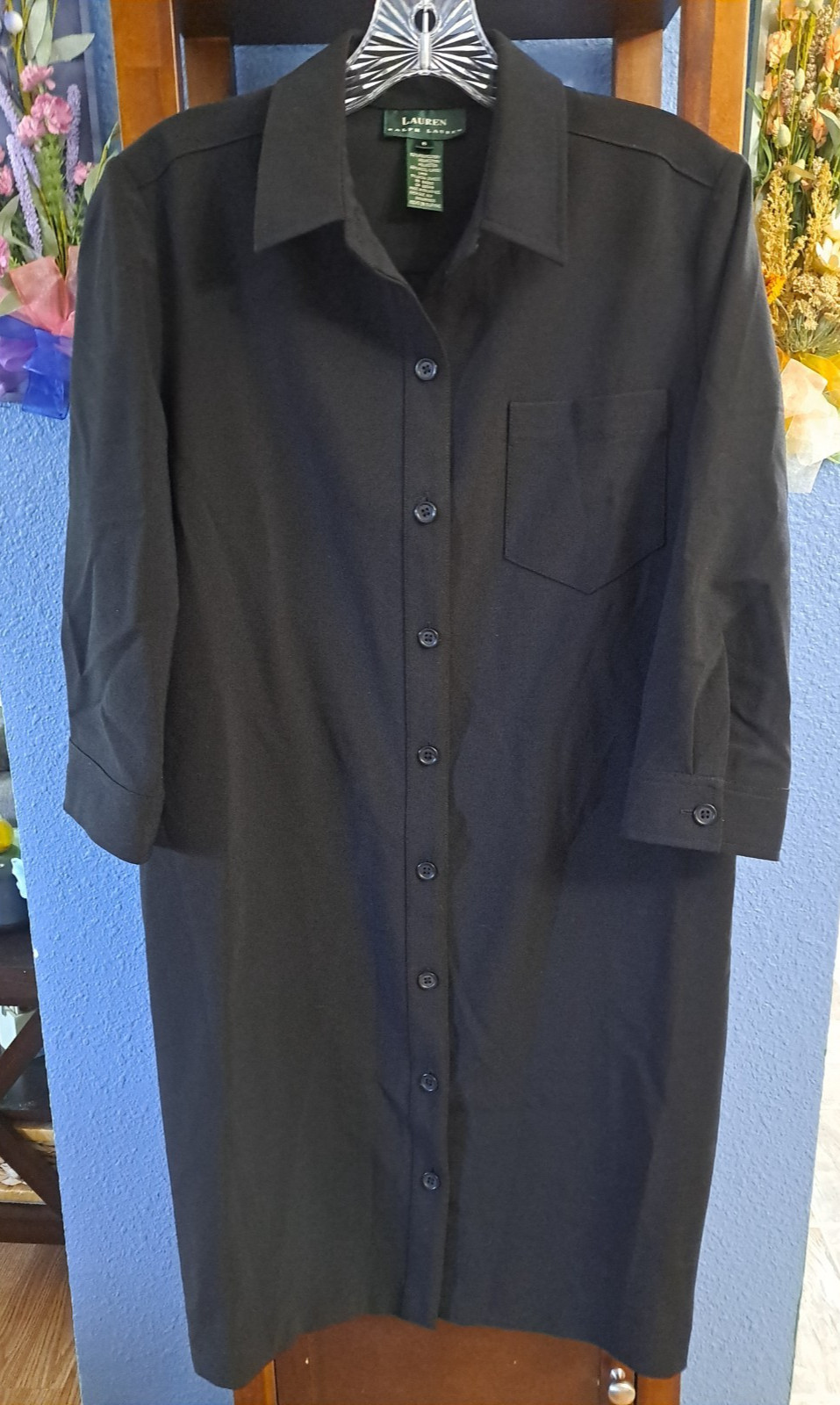 Lauren Ralph Lauren Black Shirt Dress Button Front 3/4 Sleeve Pocket Size 8 Lady
