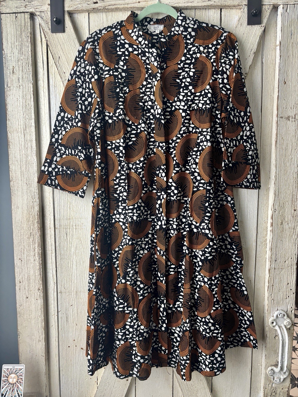Zuri Kenya Black White Orange Print Cotton Button Front Dress Tunic Medium Long