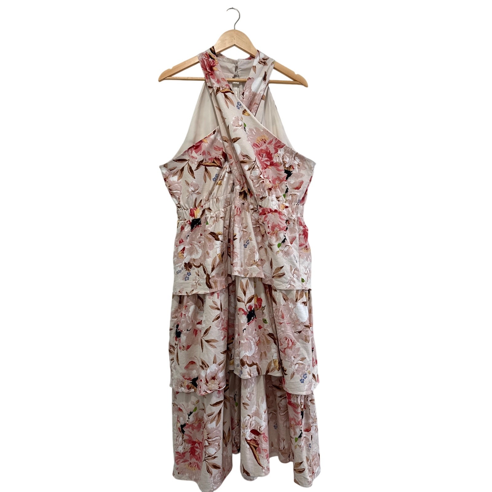 Express XL Floral Criss Cross Tiered Ruffle Linen Sleeveless Halter Midi Dress