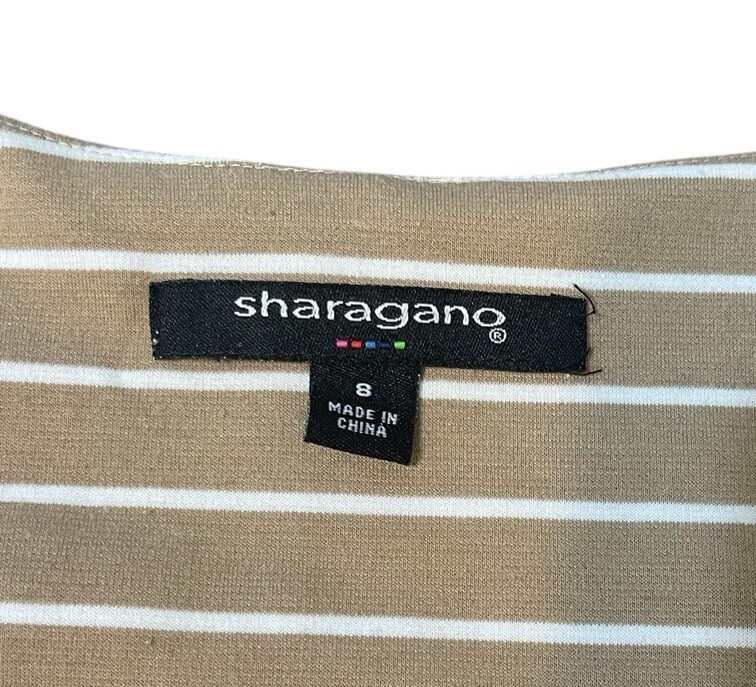 SHARAGANO Women’s Size 8 Tan Striped Dress with Beaded Embellishment