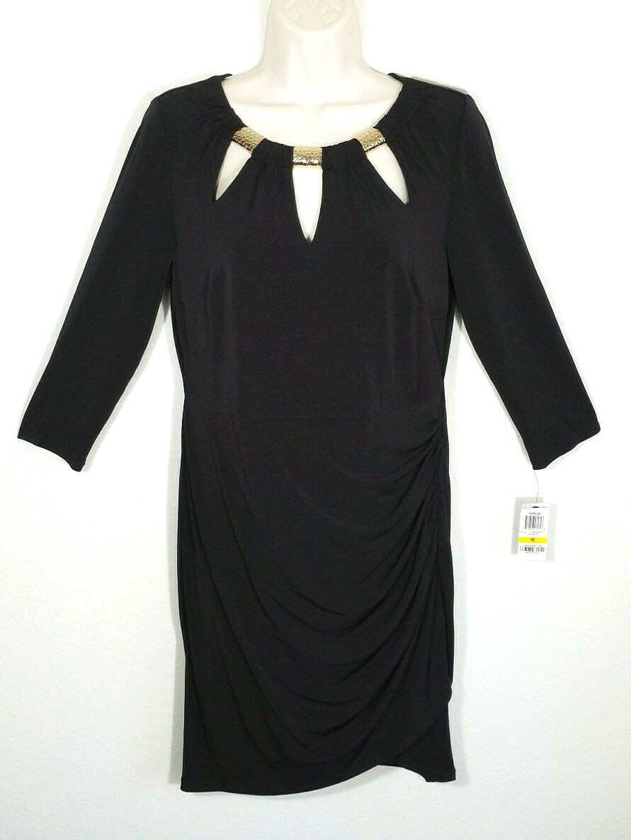 Thalia Sodi Women Medium Black Sheath Wrap Dress 3/4 Sleeve Tri-cut Embellished