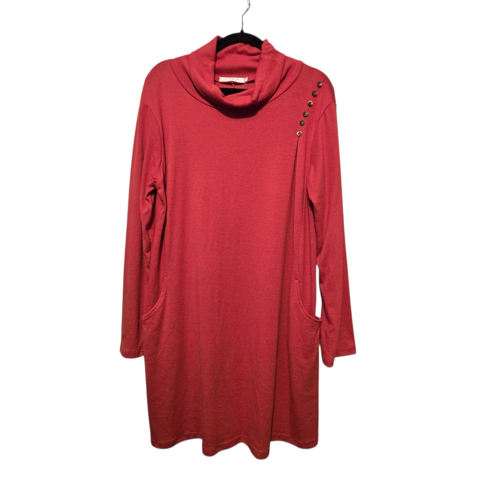 Cowl Neck Knit Tunic Dress Women MED Rust Button Accent Lagenlook Stretchy Comfy