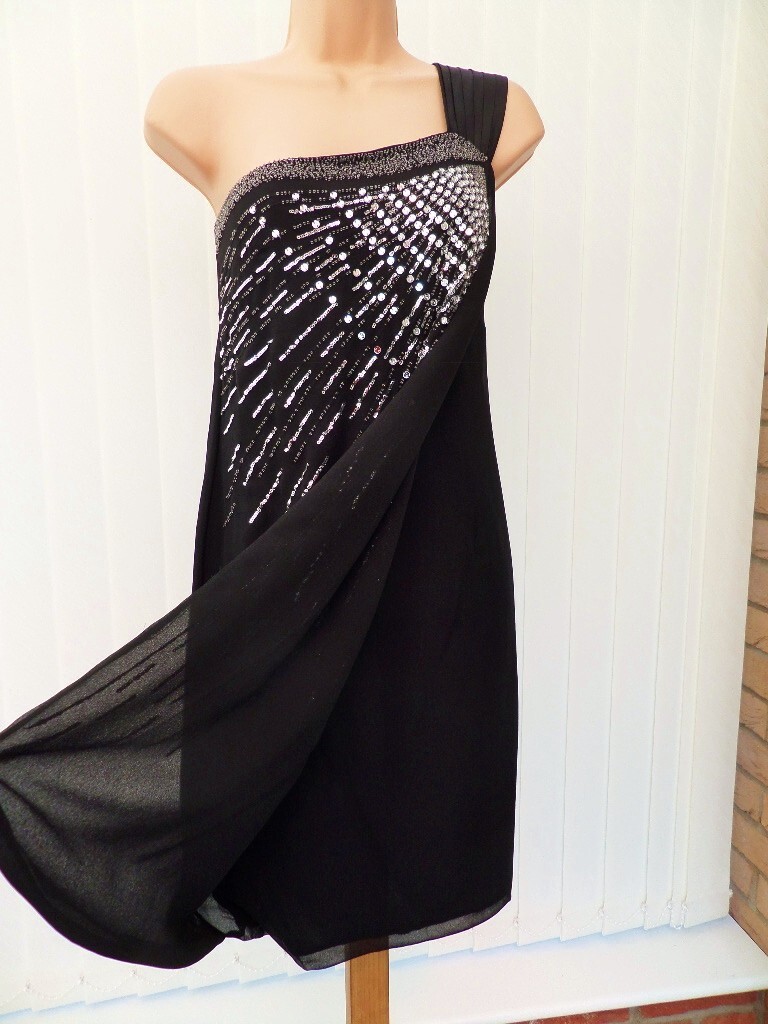 MONSOON GATSBY BLACK SILK CHIFFON 1-SHOULDER SEQUIN 20’S DRESS 12 £160 BNWT