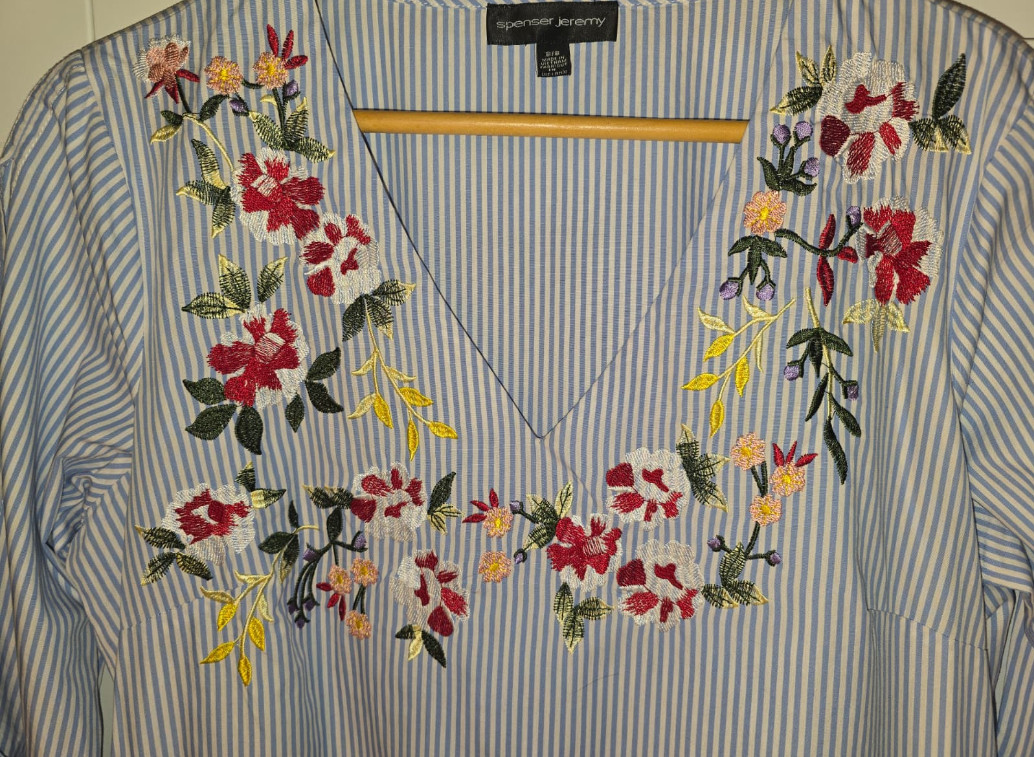 Spense Jeremy Womens 8 Blue White Stripe Embroidered Dress Bell Sleeve Cotton