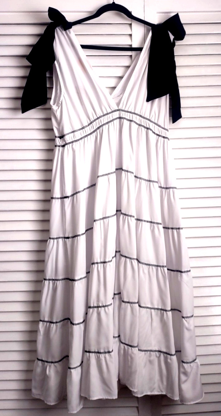New Long WHITE TIERED DRESS Cover Up Black Shouder BOWS sz. XL Us Together