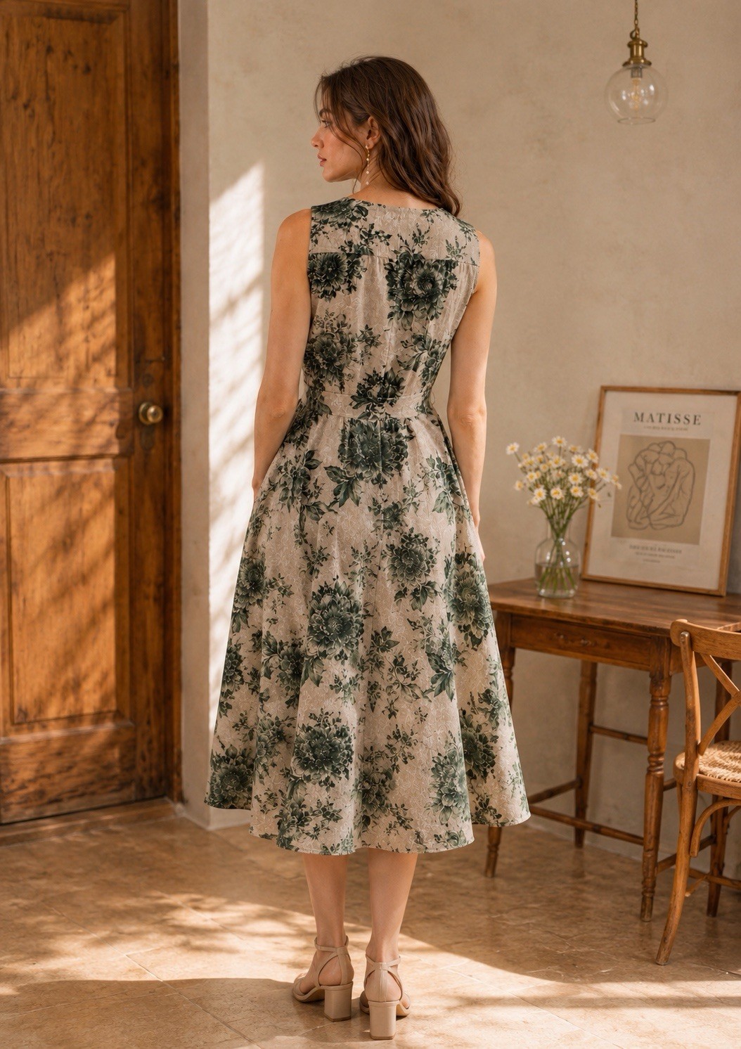 Calvin Klein Beige Green Floral Sleeveless V-Neck Belted Maxi Dress 2 NWT