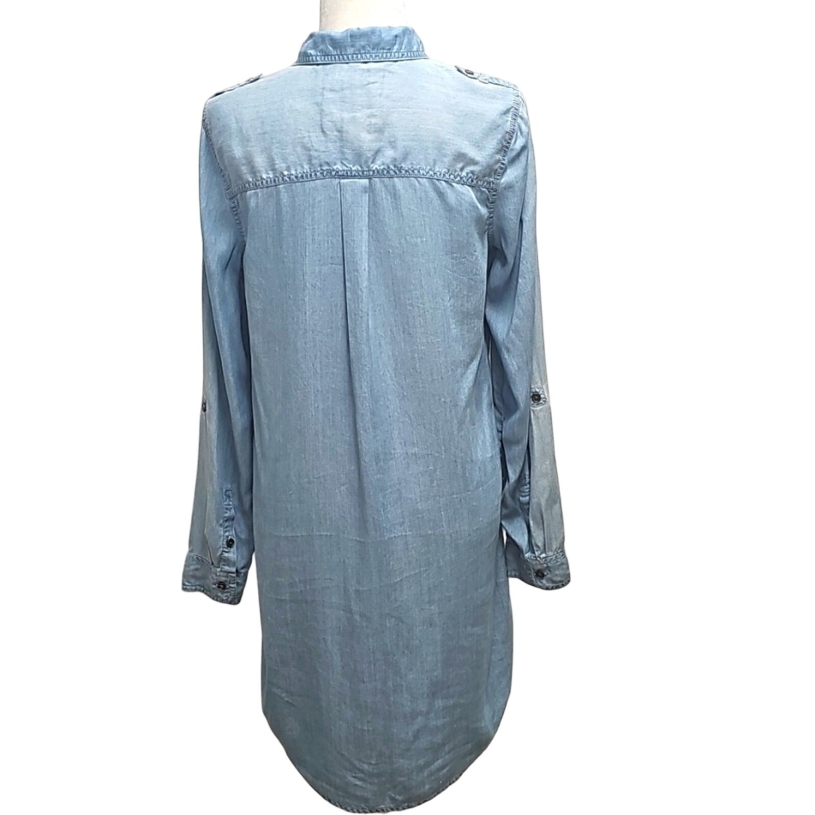 So Womens Long Sleeve 3/4 Button Lyocell Light Blue Denim Tunic Shirt Dress Sz M
