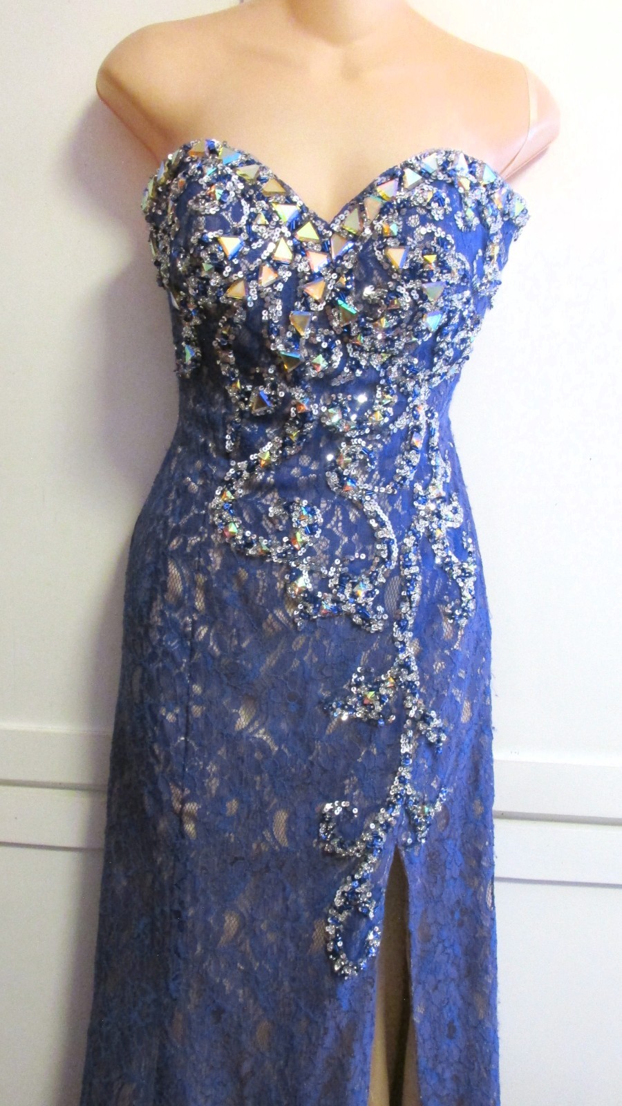 Mori Lee Strapless Blue Lace Gold Alloy Crystals & Lining Maxi Gown -Sequin- 5/6
