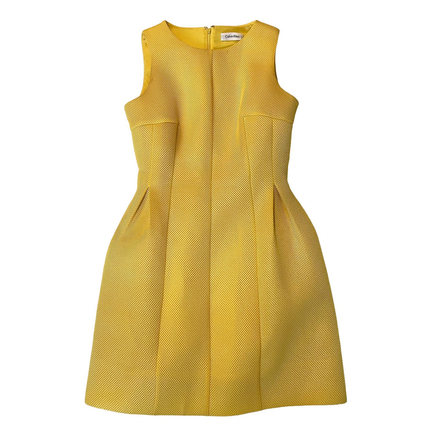 Calvin Klein Yellow Honeycomb Texture Sheath Pique Dress Sleeveless Pleated Sz S