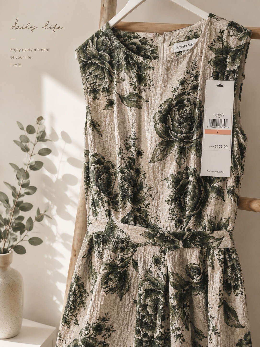 Calvin Klein Beige Green Floral Sleeveless V-Neck Belted Maxi Dress 2 NWT