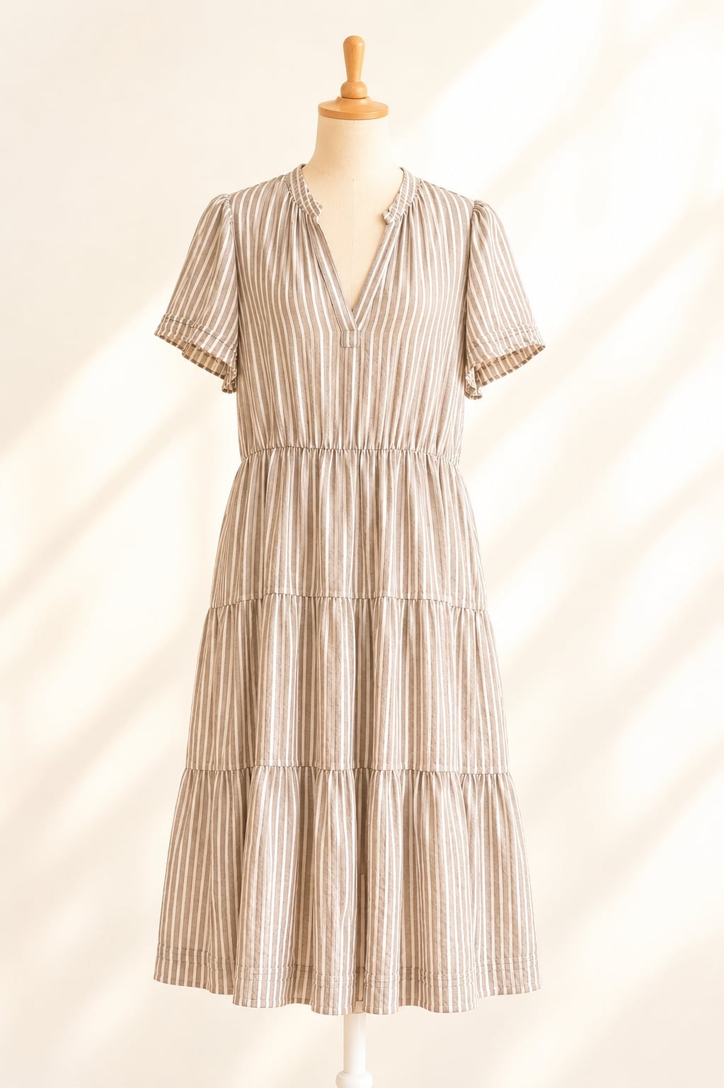 Cynthia Rowley Linen Blend Tiered Midi Dress Taupe White Stripe Coastal Boho L