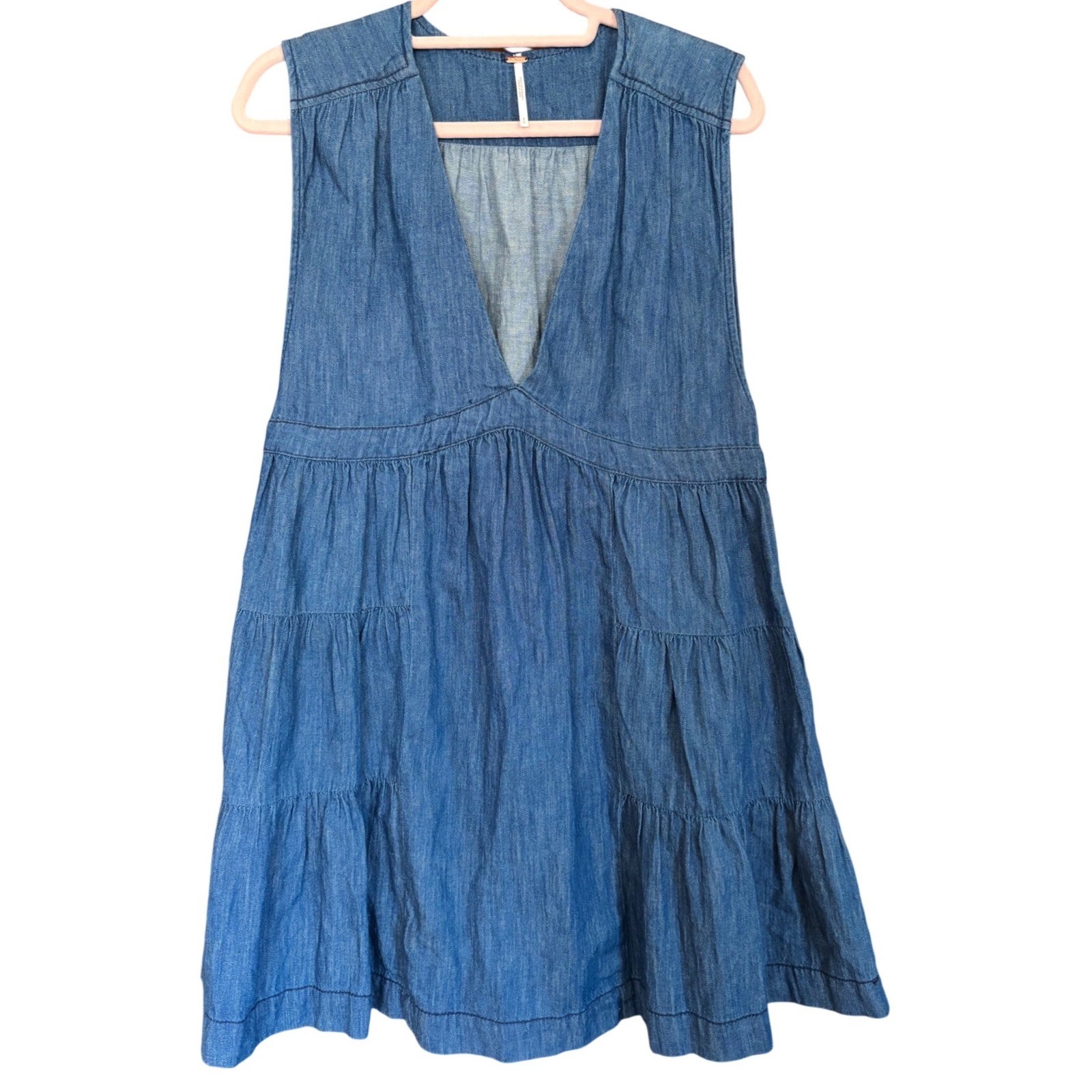 Free People Denim Mini Dress Blue Cotton Linen Sleeveless Tiered Boho Small