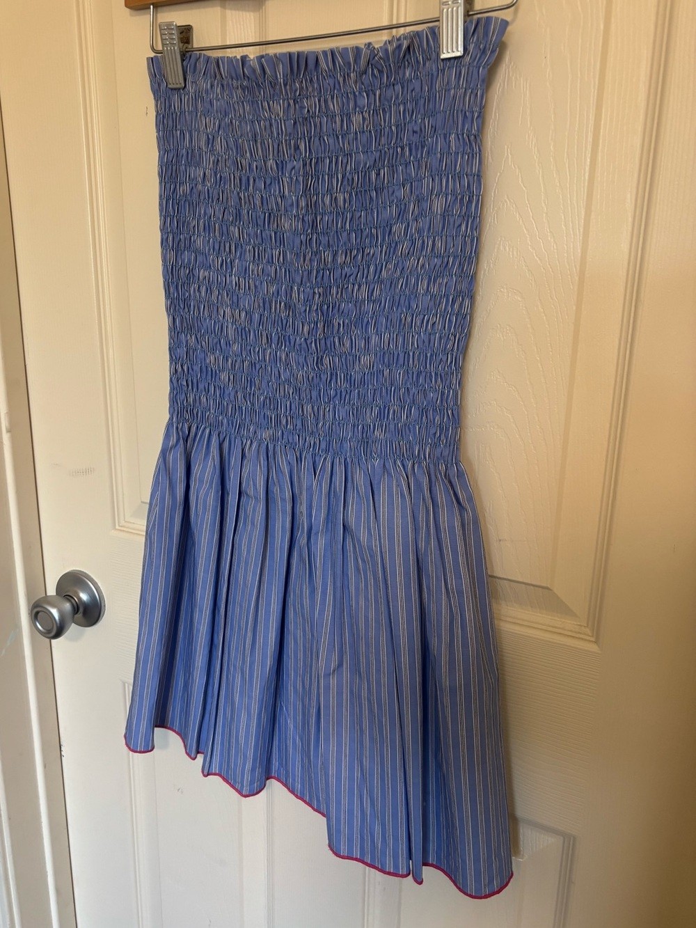 Loyd Ford Palm Springs Striped Smocked Dress Blue Pink Trim