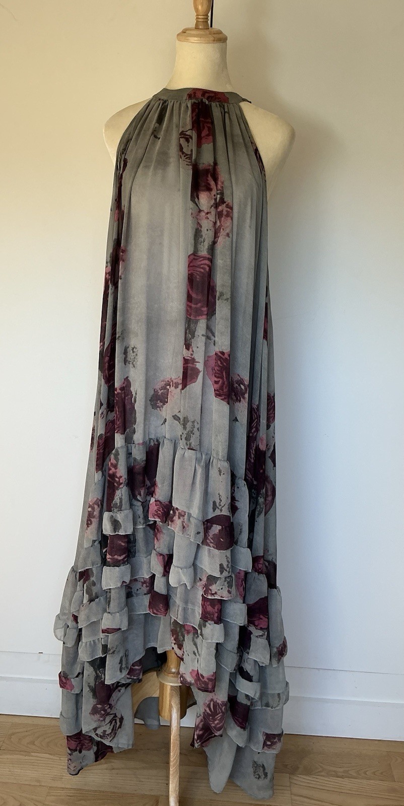 Vintage Religion Grey Purple Floral Halter Neck Maxi Dress Ruffle Hem Size M