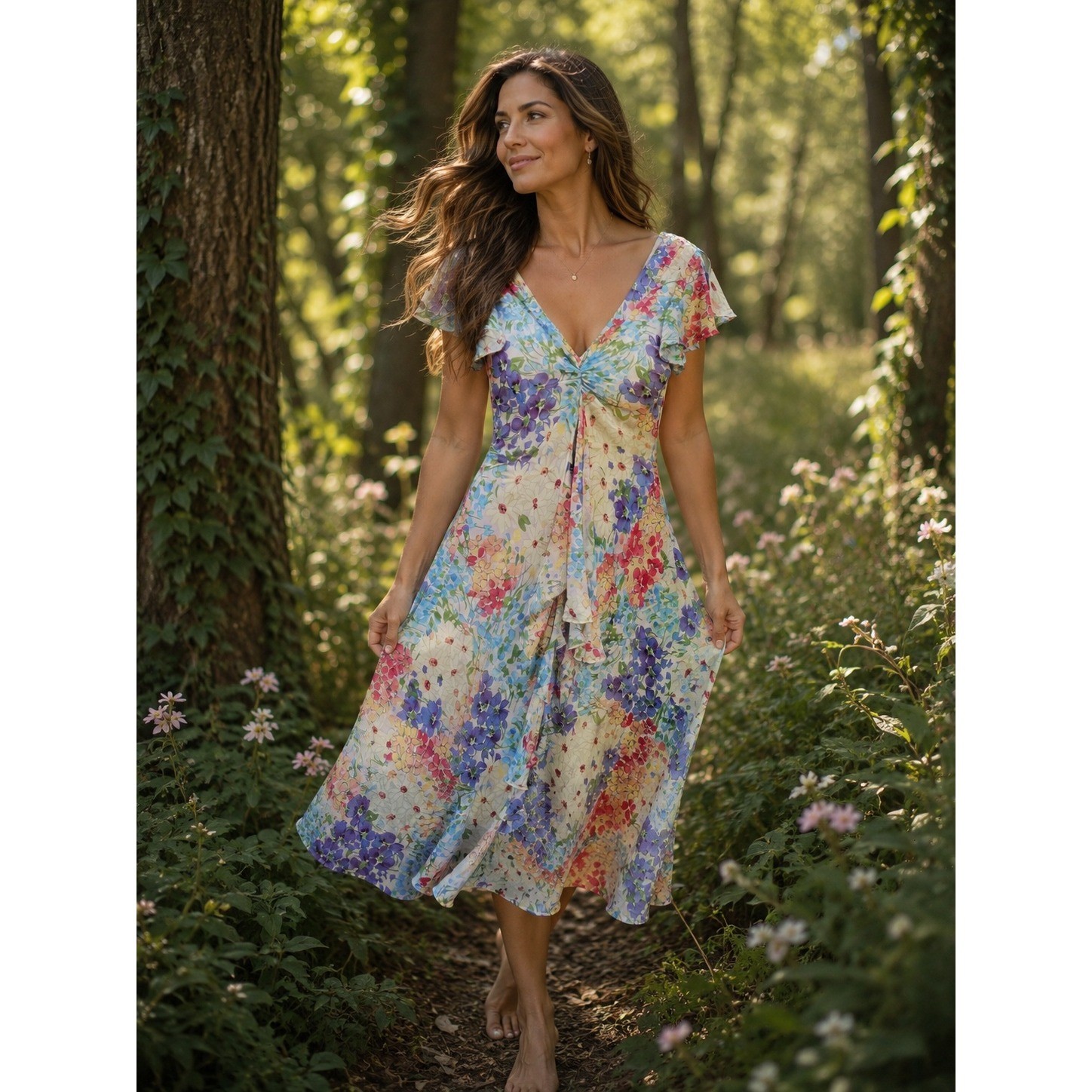 SL Fashions Floral V-Neck Flutter Sleeve Asymmetrical Hem Midi Dress Size 10