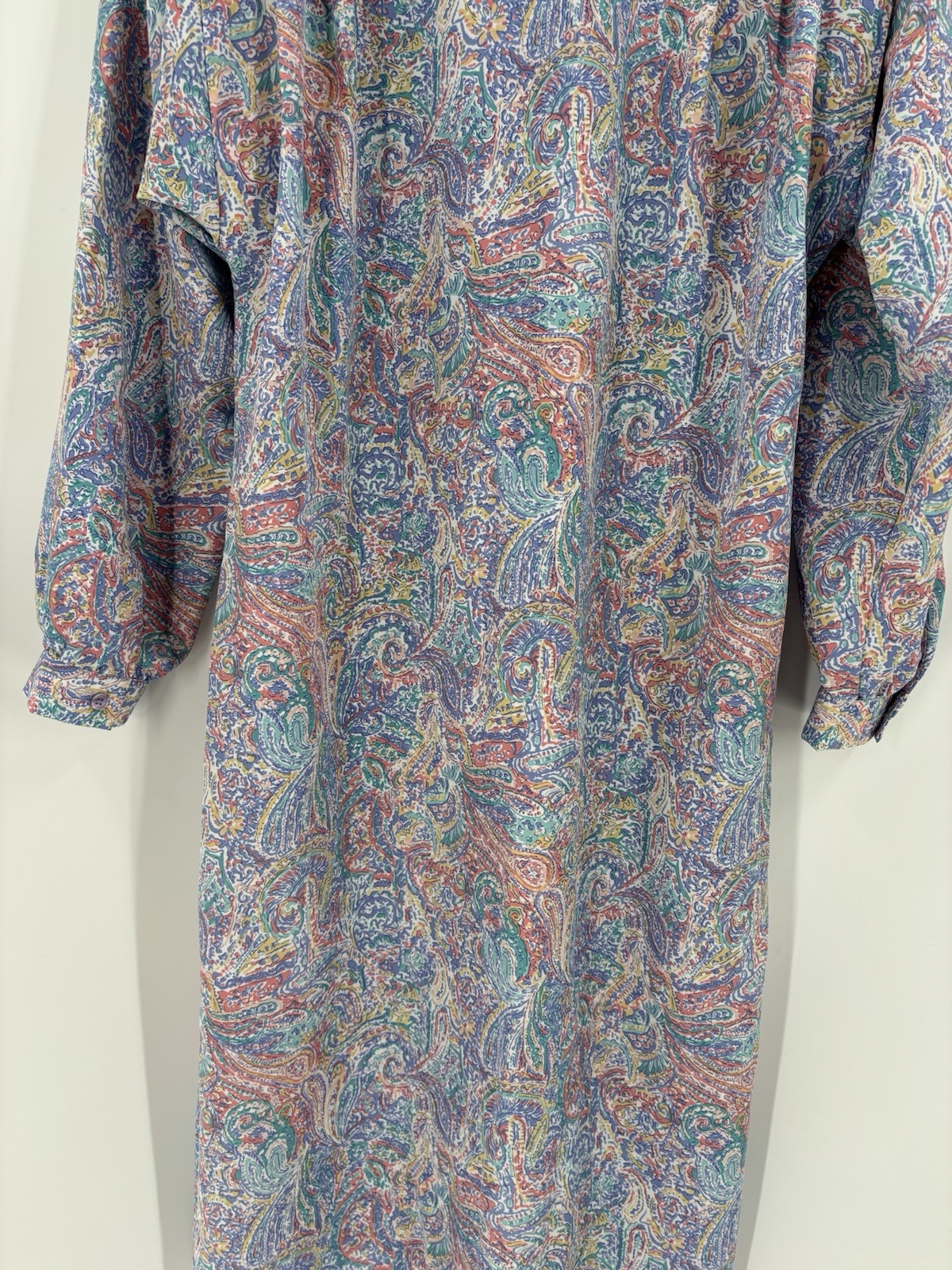 Schrader Vintage Dress Womens 12 Blue Pink Belted Paisley Pussybow Midi Colorful
