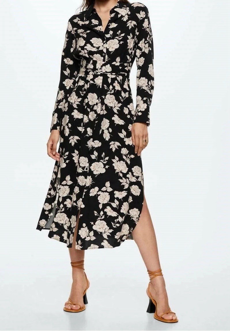 Mango MNG BLACK FLORAL VISCOSE SHIRT DRESS BUTTON DOWN XS/2