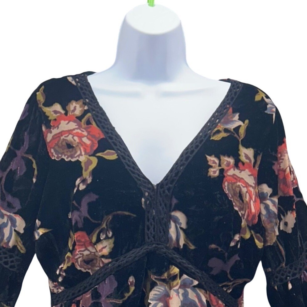 Whimsigoth Juniors Dress M Black Velvet Burnout Empire Floral Dark Romantic Boho