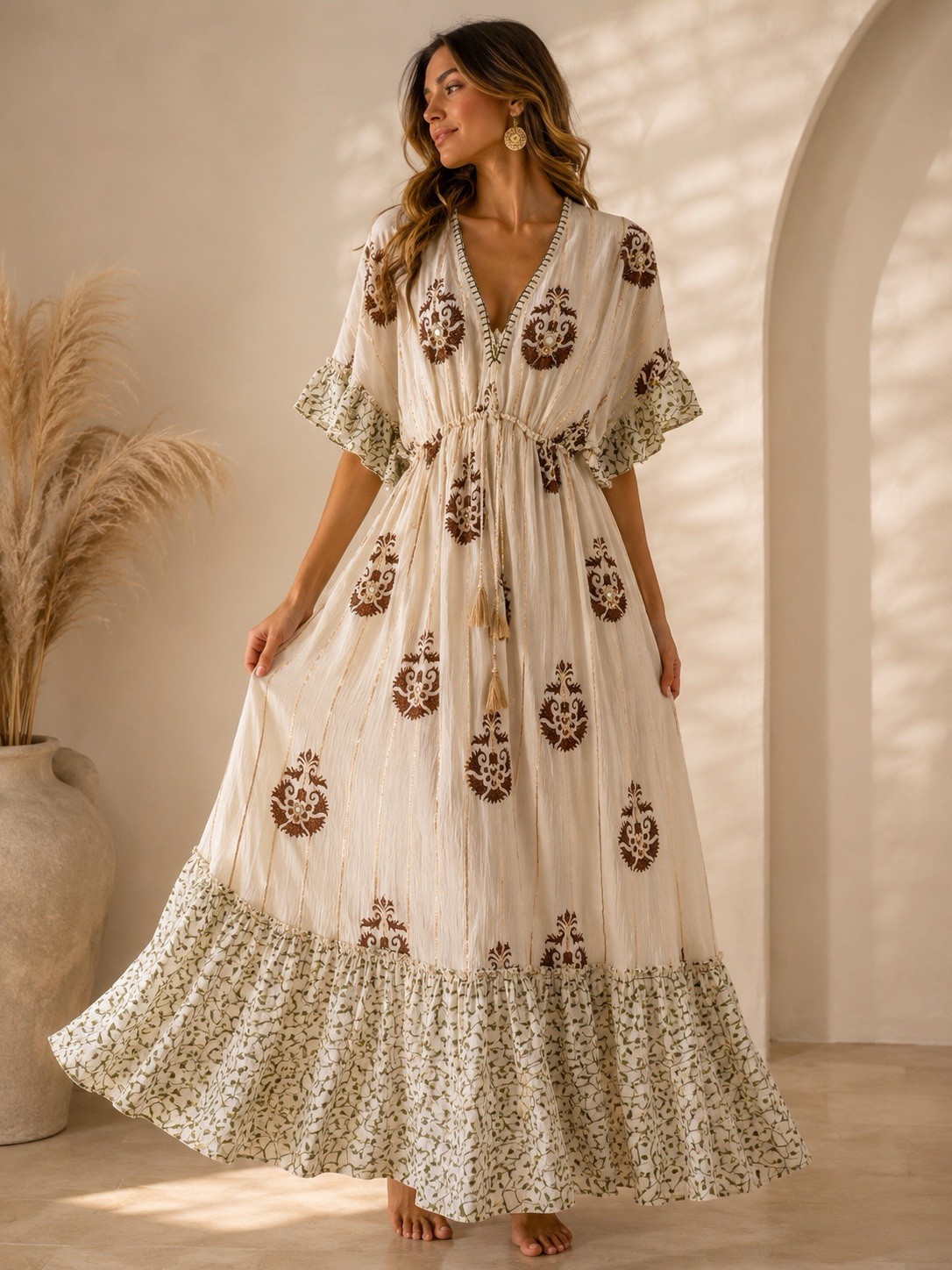 Boho Maxi Dress Women One Size Embroidered Tassel V-Neck Resort Vacation Beach