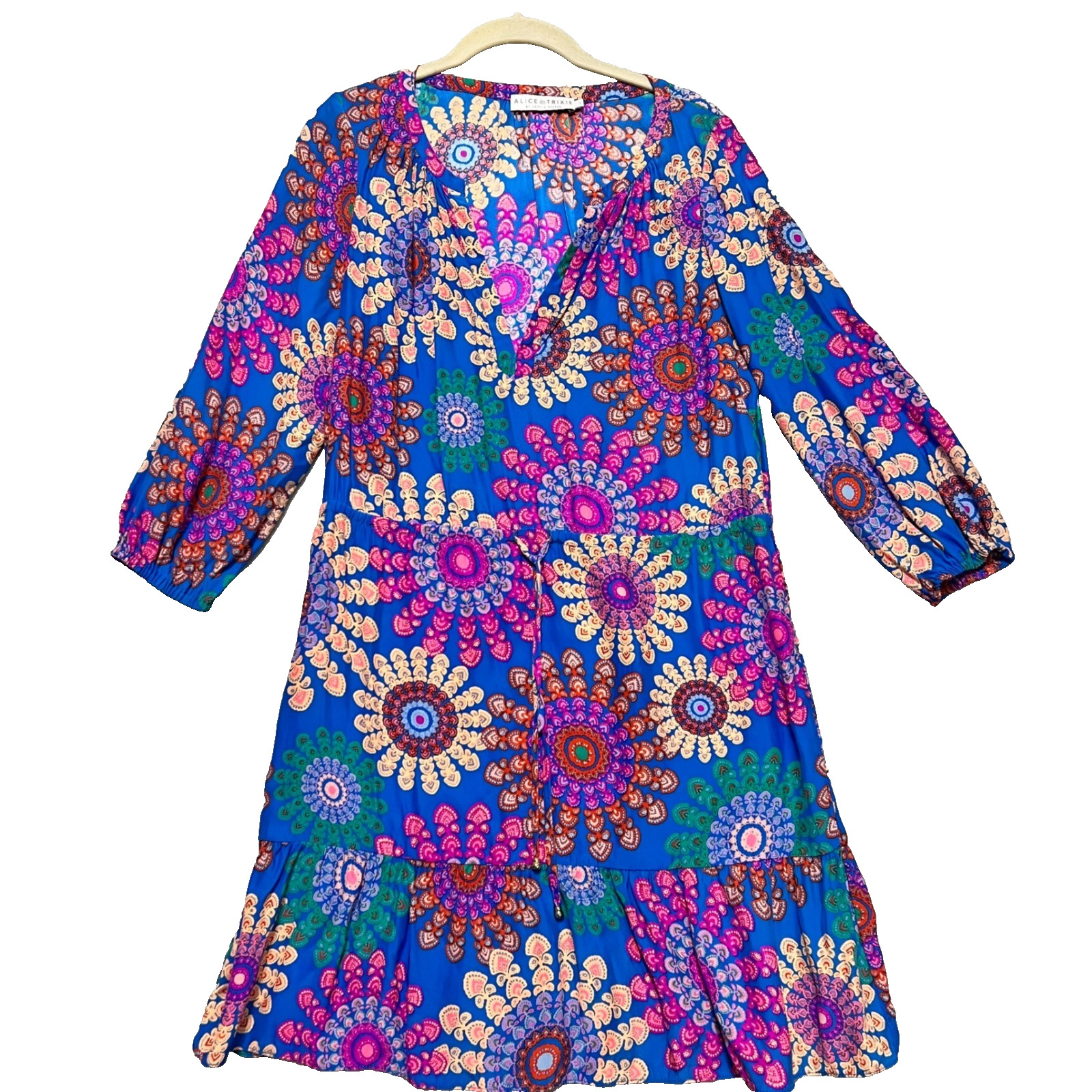 Alice & Trixie Silk Mini Dress Women Small Blue Mandala Print Boho Tiered V-Neck