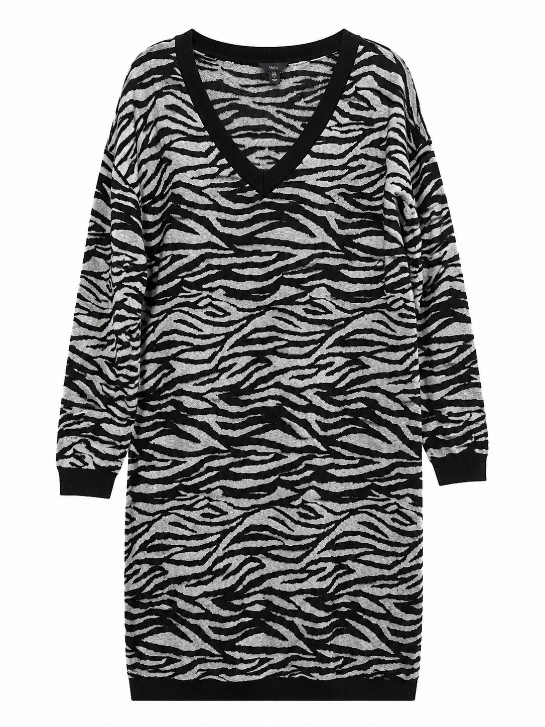 M&Co Zebra Print Knit Dress UK 12 Black White V Neck Long Sleeve Tunic