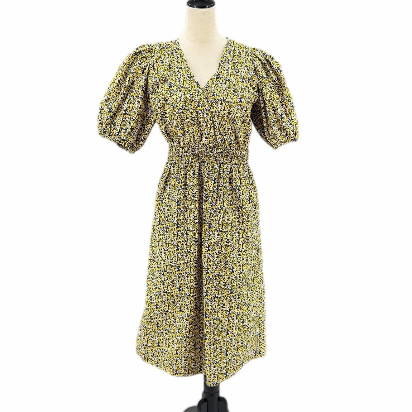 Just Female L Dove Black Yellow Floral Puff Sleeve V-neck Cotton Midi Dress