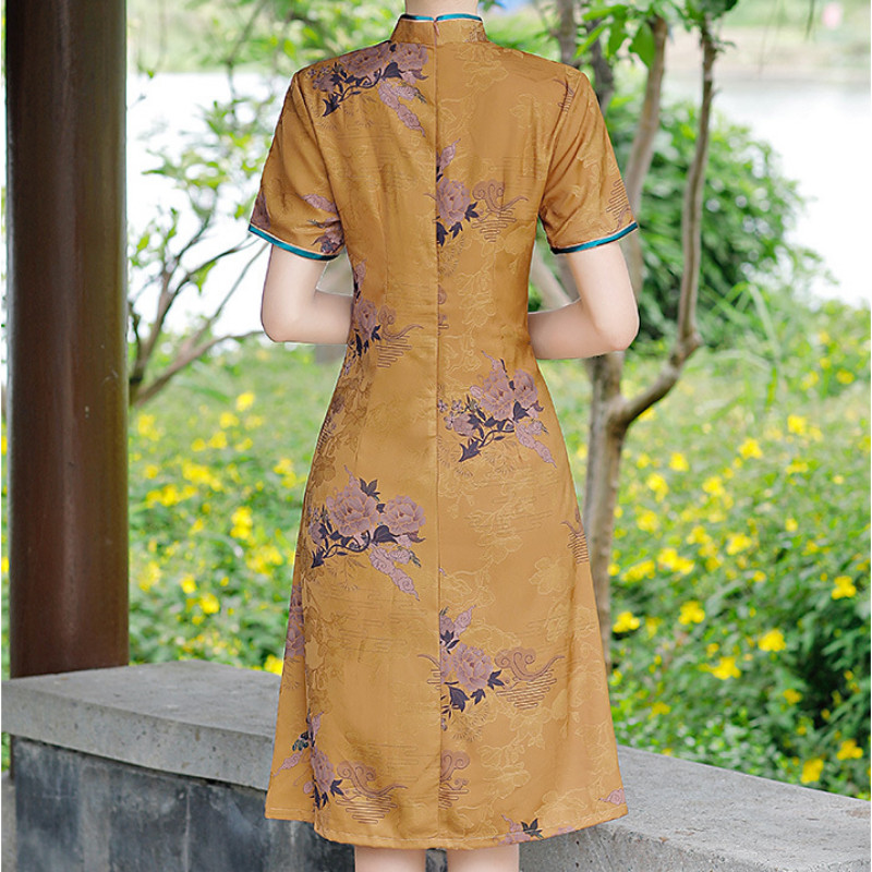Lady Cheongsam Qipao Dress Knee Length Jacquard Floral Tassel Frog Button Ethnic