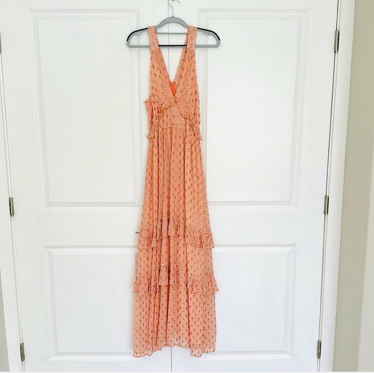 En Creme Peach & Gold Metallic Dot Maxi Dress ✨🍑 | Tiered Boho | NWT | Small
