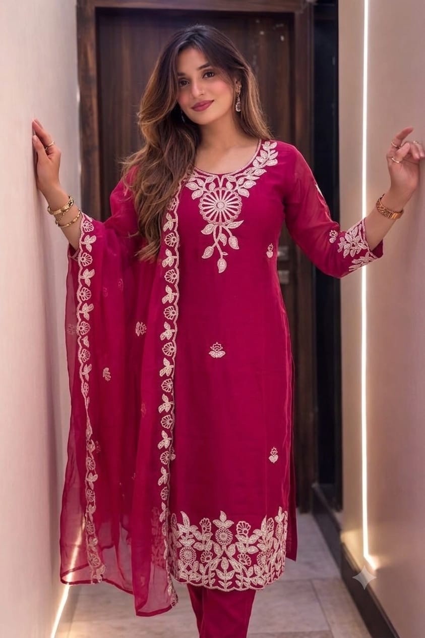 INDIAN PAKISTANI SALWAR KAMEEZ WOMEN PARTY WEAR SILK KURTI PANT DUPATTA SUIT SET