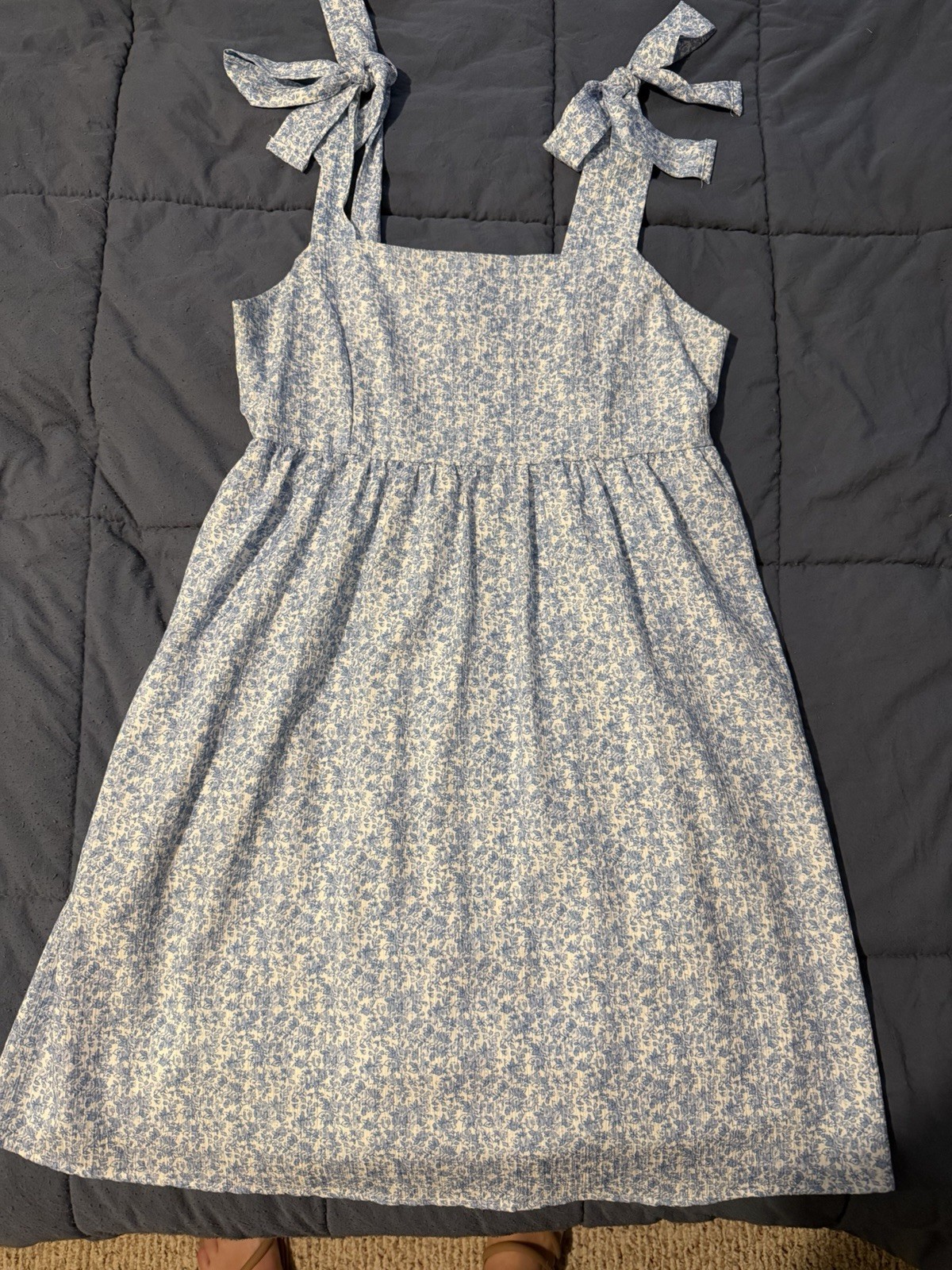 Altar’d State Blue White Floral Cotton Smocked Square Neck Bow Strap Dress L
