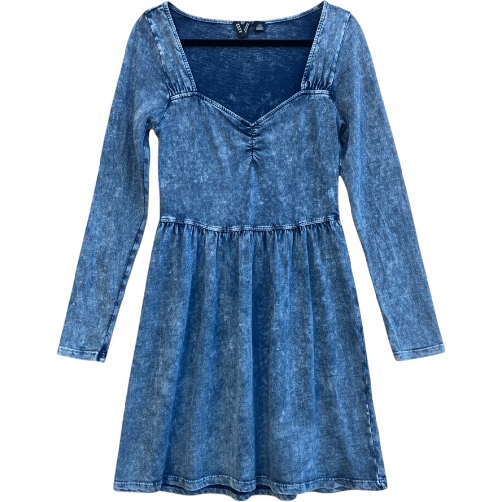 Roxy Women Dress Medium Blue Acid Wash Long Sleeve Sweetheart Neck Cotton