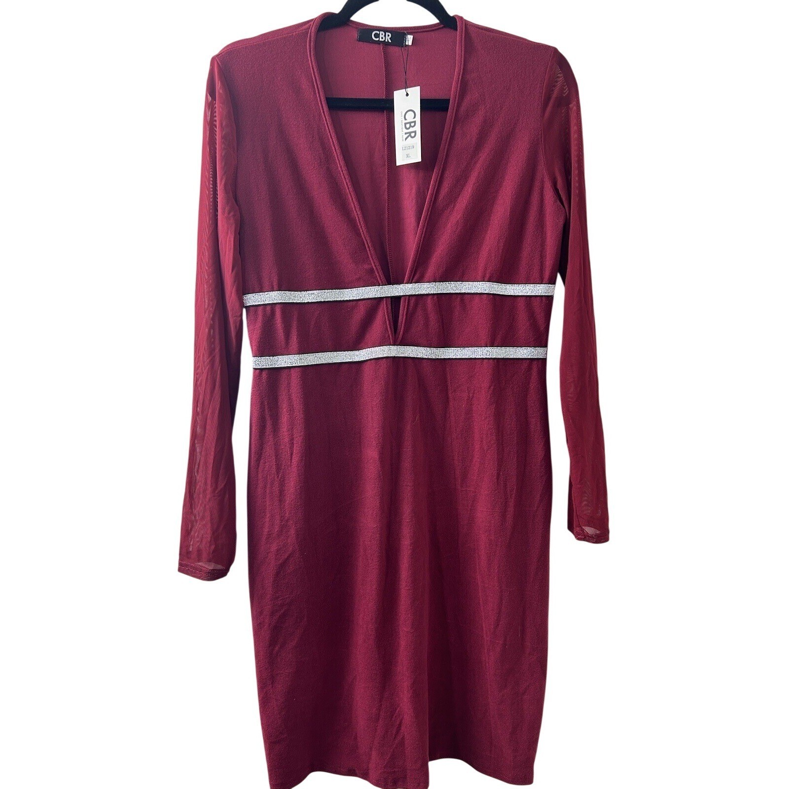 CBR Chic Boutique Rose Burgundy Mesh Sleeve V-Neck Glitter Mini Dress XL LZ1219