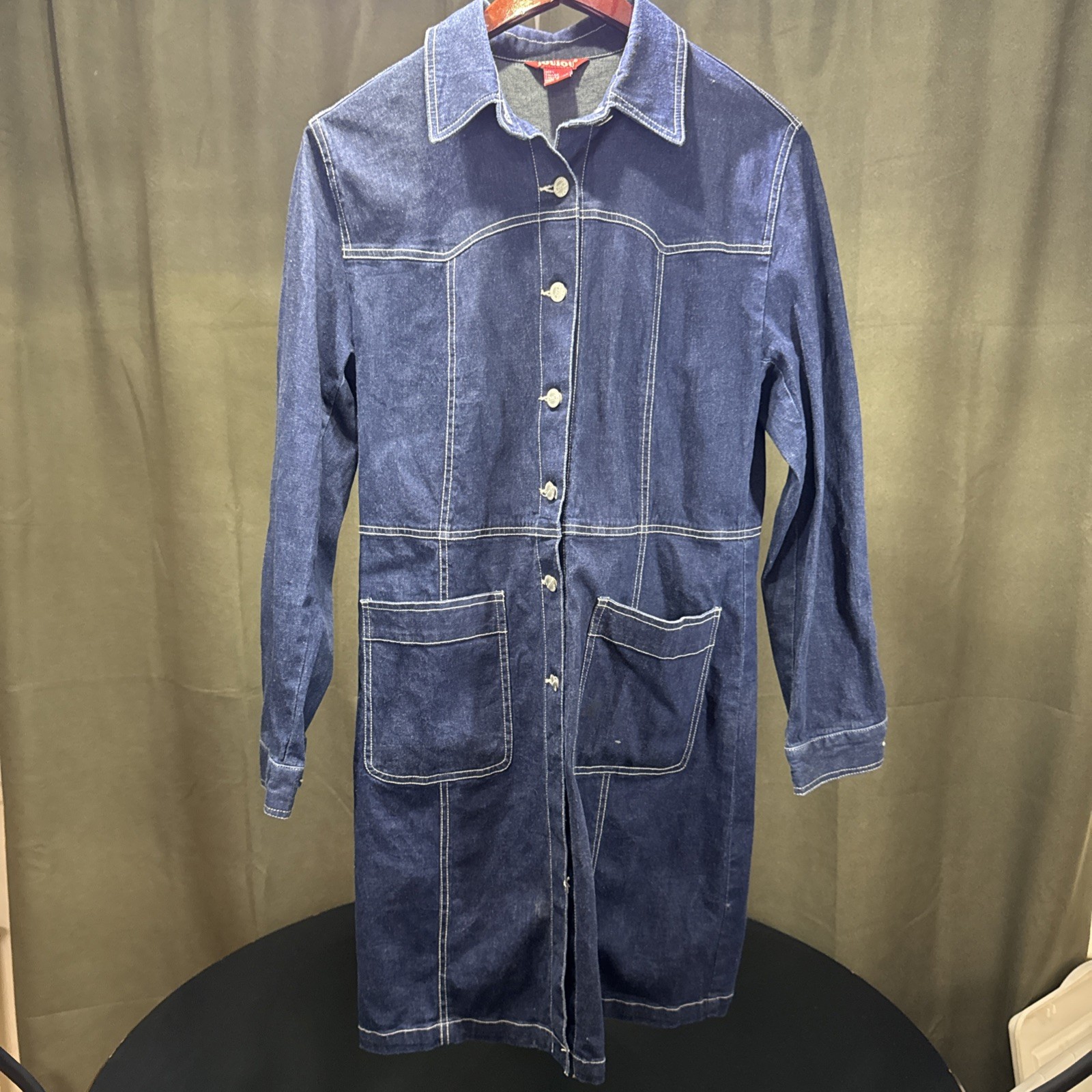 JouJou Womens L Dark Denim Shirt Dress Button Front Long Sleeve Midi Duster