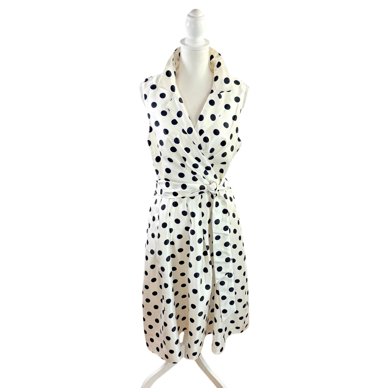 NWOT JESSICA HOWARD White Black Polka Dot Sleeveless belted Fit & Flare Dress 14