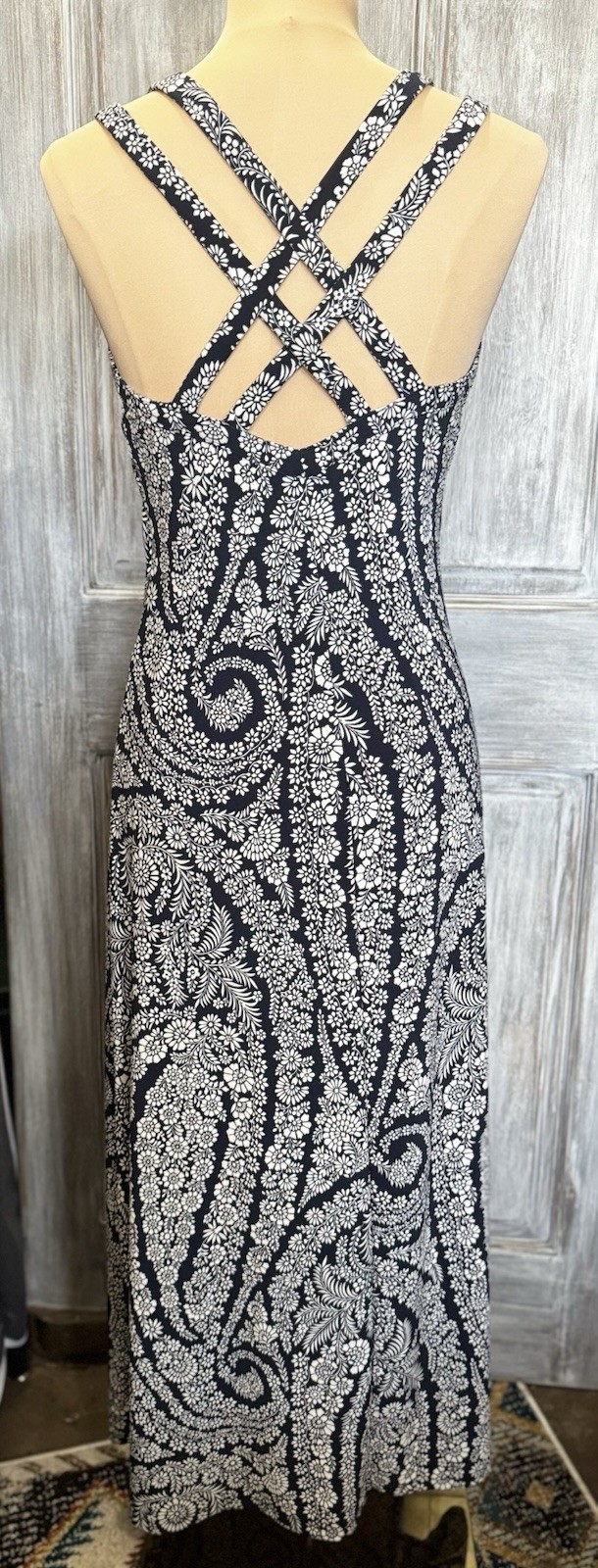 Tommy Hilfiger Navy/White Floral Paisley Sheath Maxi Dress Strappy Back (Size 4)
