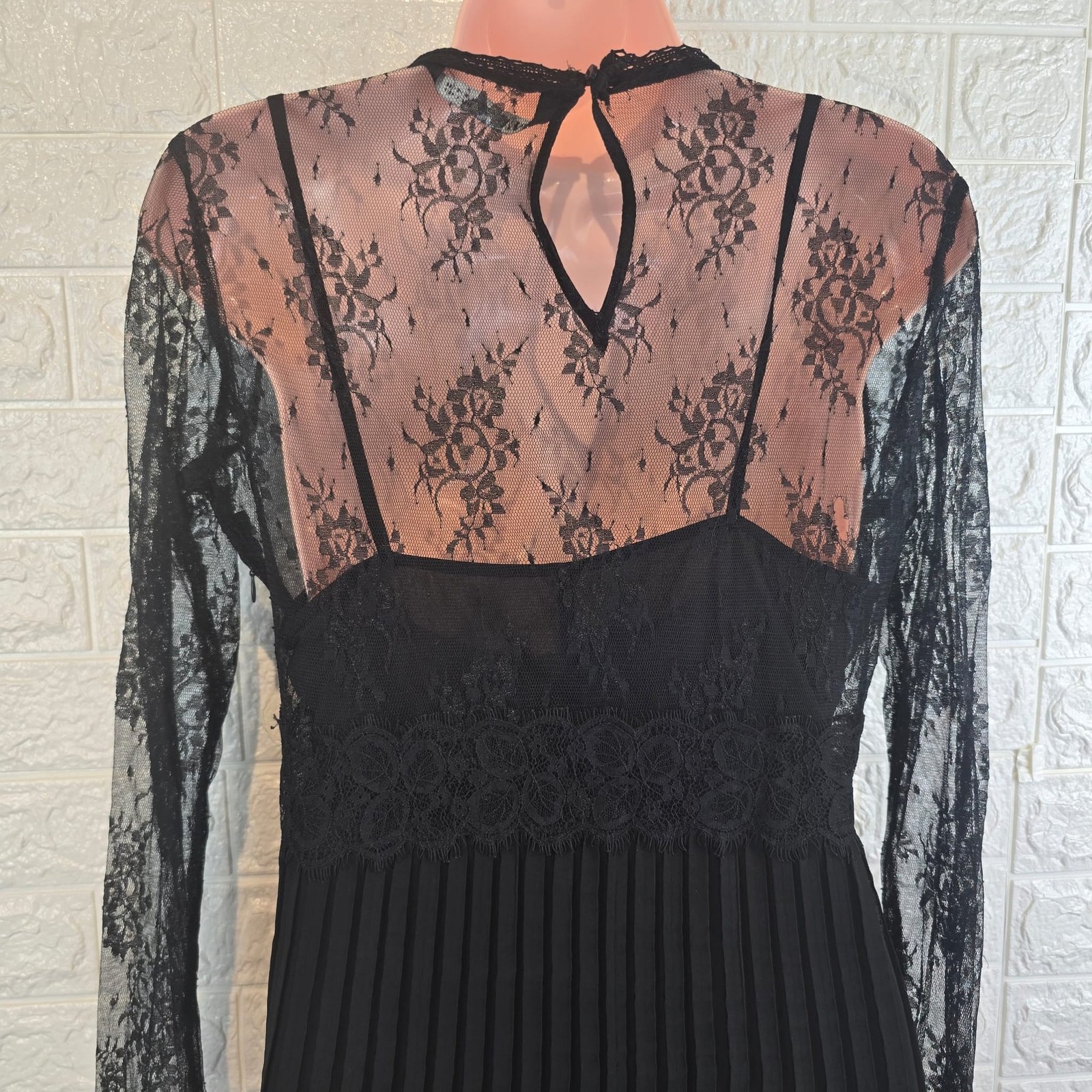 Zara Black Lace Pleated Mini Dress Sheer Long Sleeve Gothic Party Evening Size M