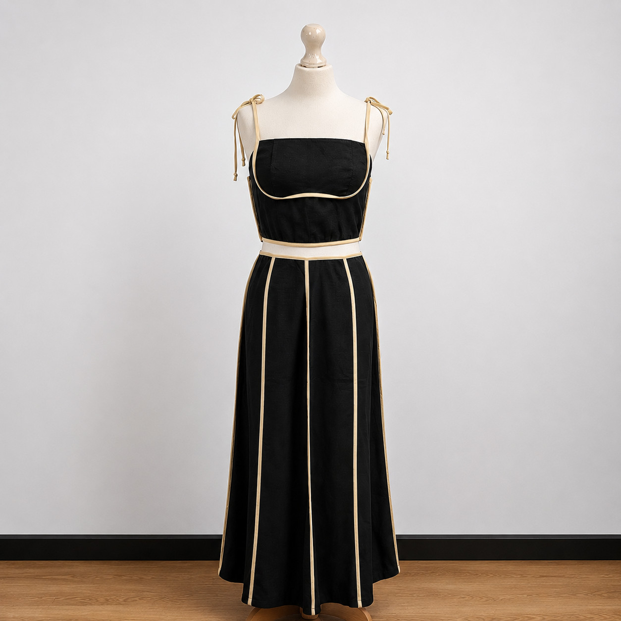 Shein Black Beige Contrast Trim Co-Ord Set Crop Top Maxi Skirt M UK 10 BNWOT